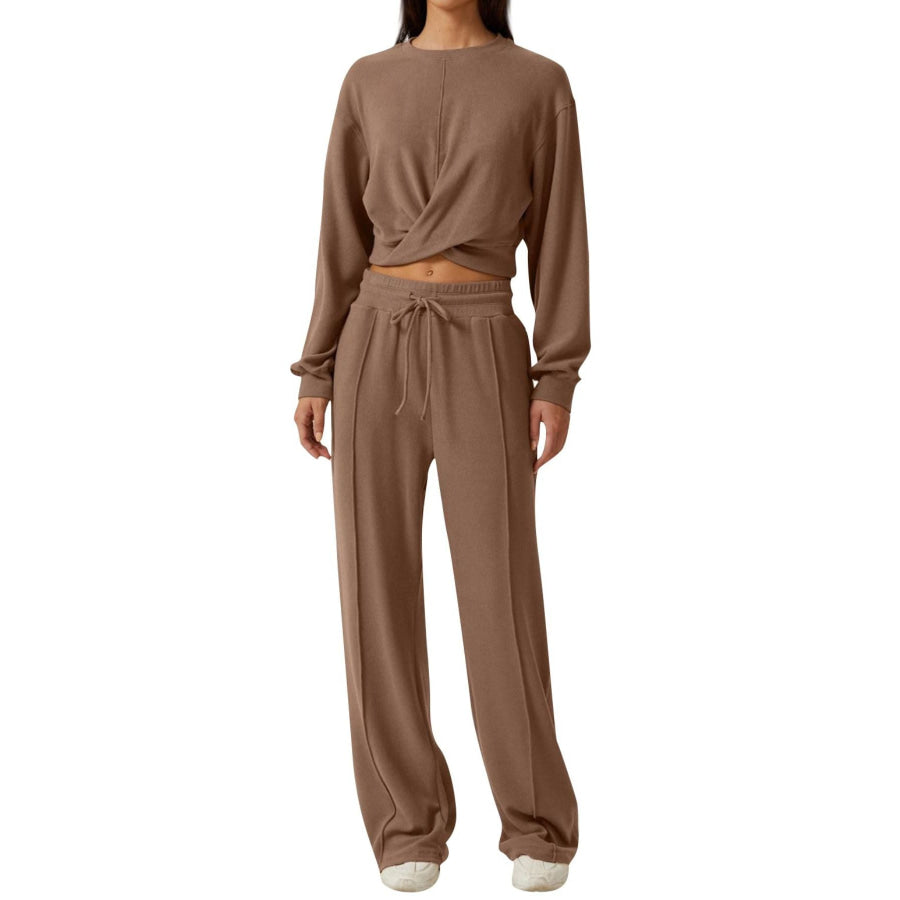 Twist-Front Long Sleeve Top and Pants Set Camel / S Apparel Accessories