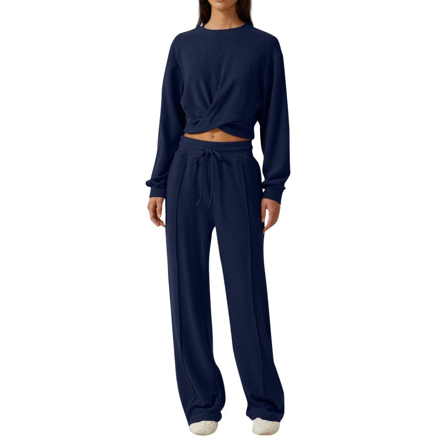 Twist-Front Long Sleeve Top and Pants Set Dark Blue / S Apparel Accessories