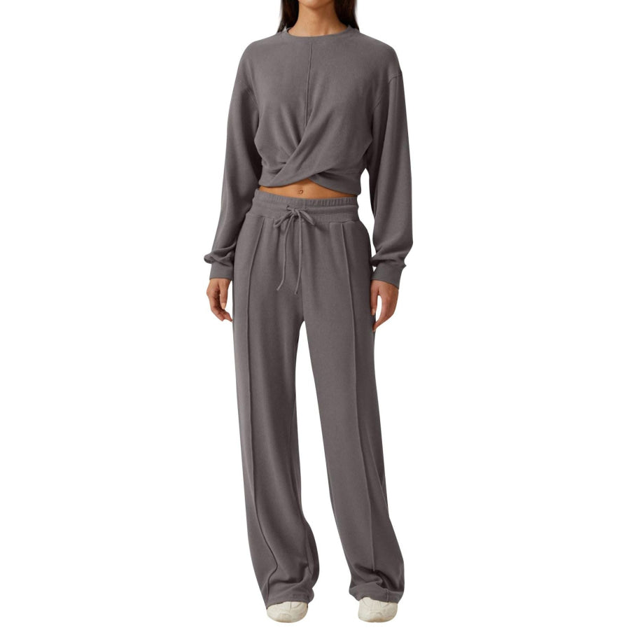 Twist-Front Long Sleeve Top and Pants Set Gray / S Apparel Accessories