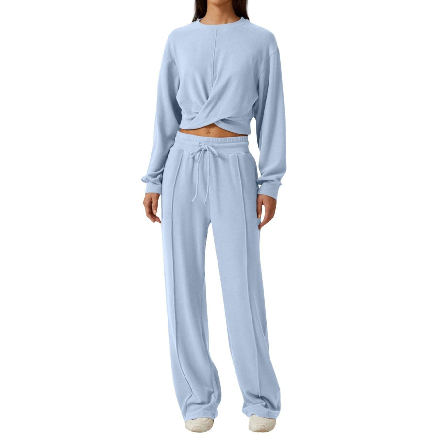 Twist-Front Long Sleeve Top and Pants Set Light Blue / S Apparel Accessories