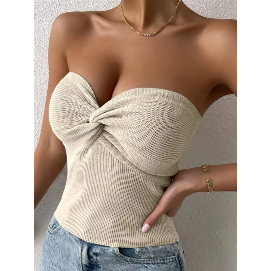 Twist-Front Ribbed Knit Tube Beige / S Apparel and Accessories