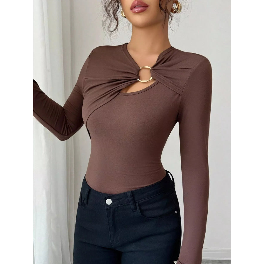 Twist Front Ring Detail Long Sleeve T-Shirt Apparel and Accessories