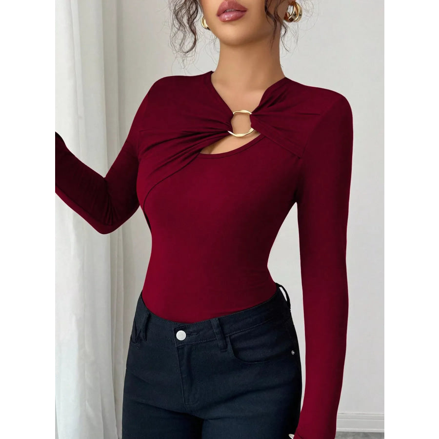 Twist Front Ring Detail Long Sleeve T-Shirt Apparel and Accessories