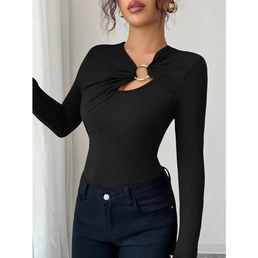 Twist Front Ring Detail Long Sleeve T-Shirt Black / S Apparel and Accessories