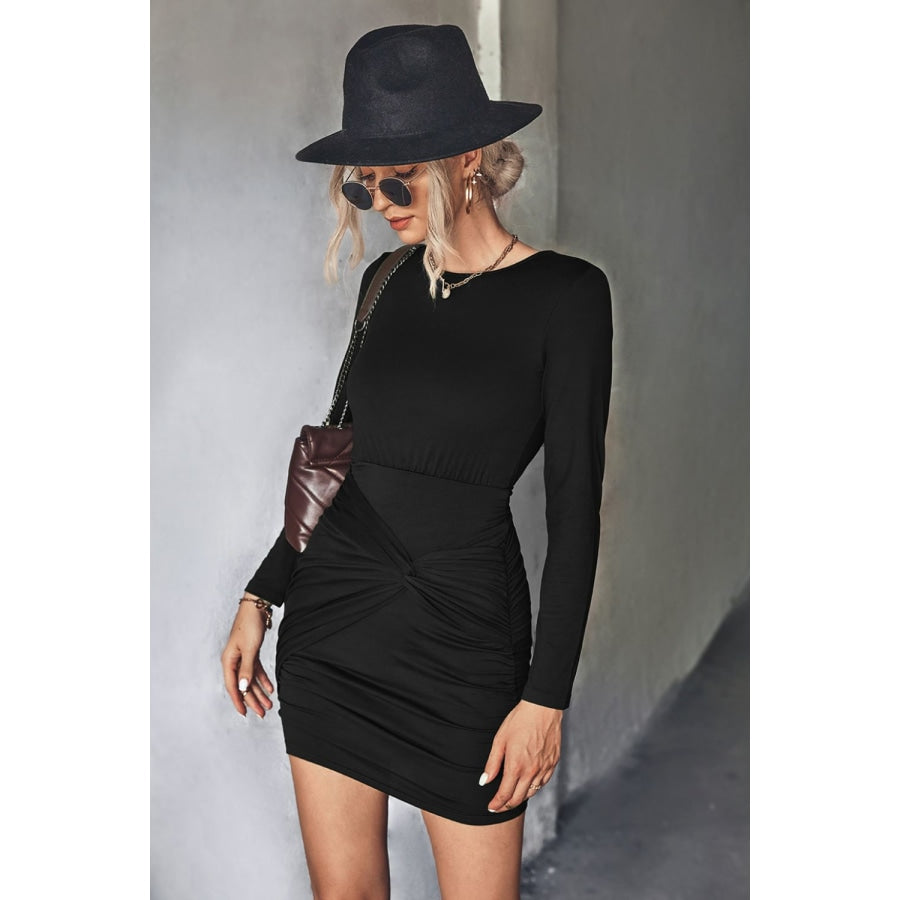 Twist Front Ruched Long Sleeve Mini Dress Black / S