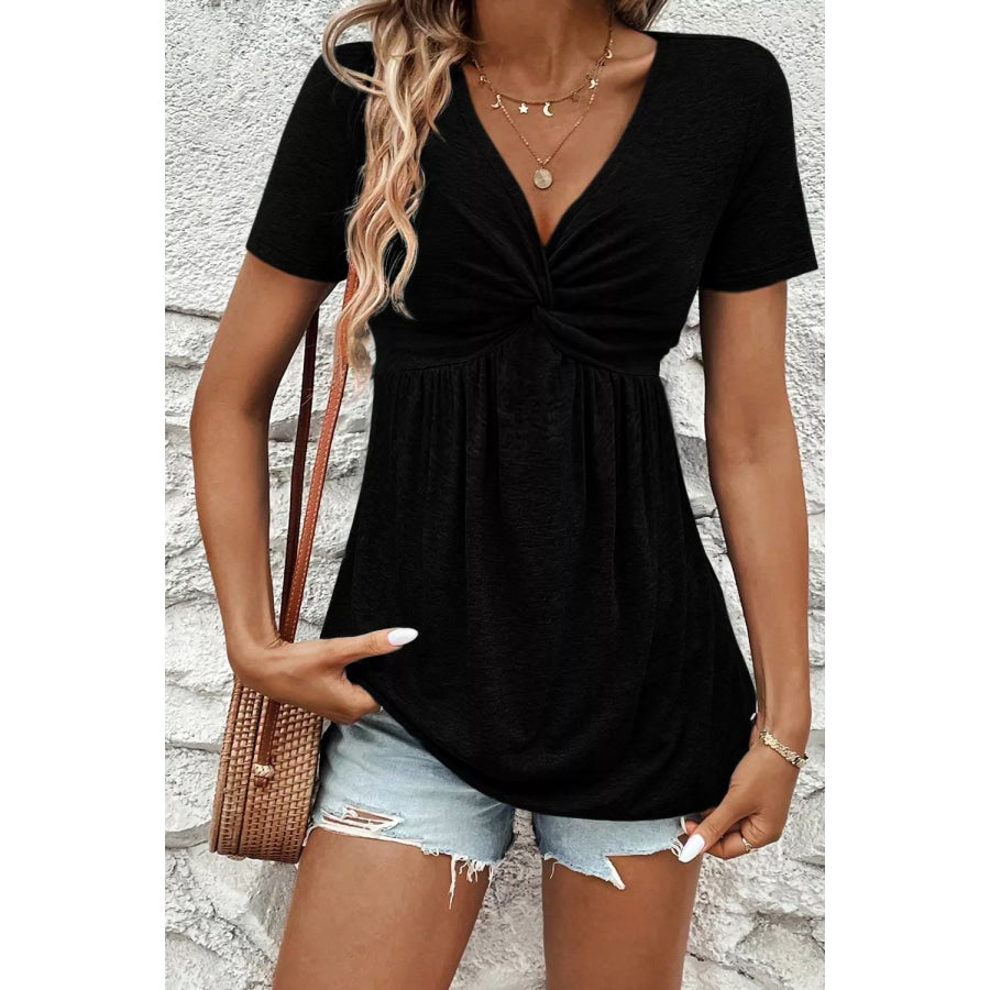 Twist Front V-Neck Short Sleeve Casual Blouse Black / S Apparel and Accessories
