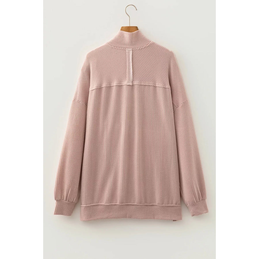 Twist Ribbed Zipper Collar Drop Shoulder Long Sleeve Top Apparel and Accessories