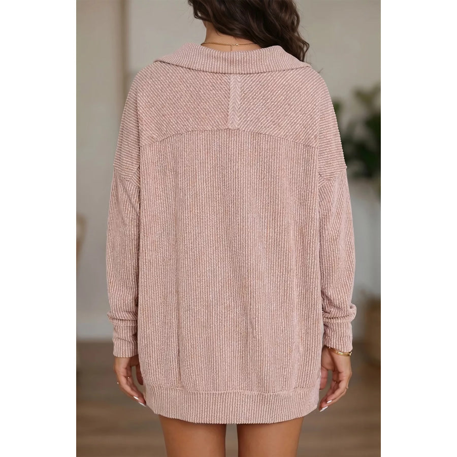 Twist Ribbed Zipper Collar Drop Shoulder Long Sleeve Top Apparel and Accessories
