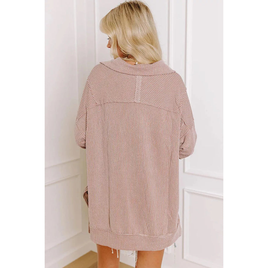Twist Ribbed Zipper Collar Drop Shoulder Long Sleeve Top Apparel and Accessories