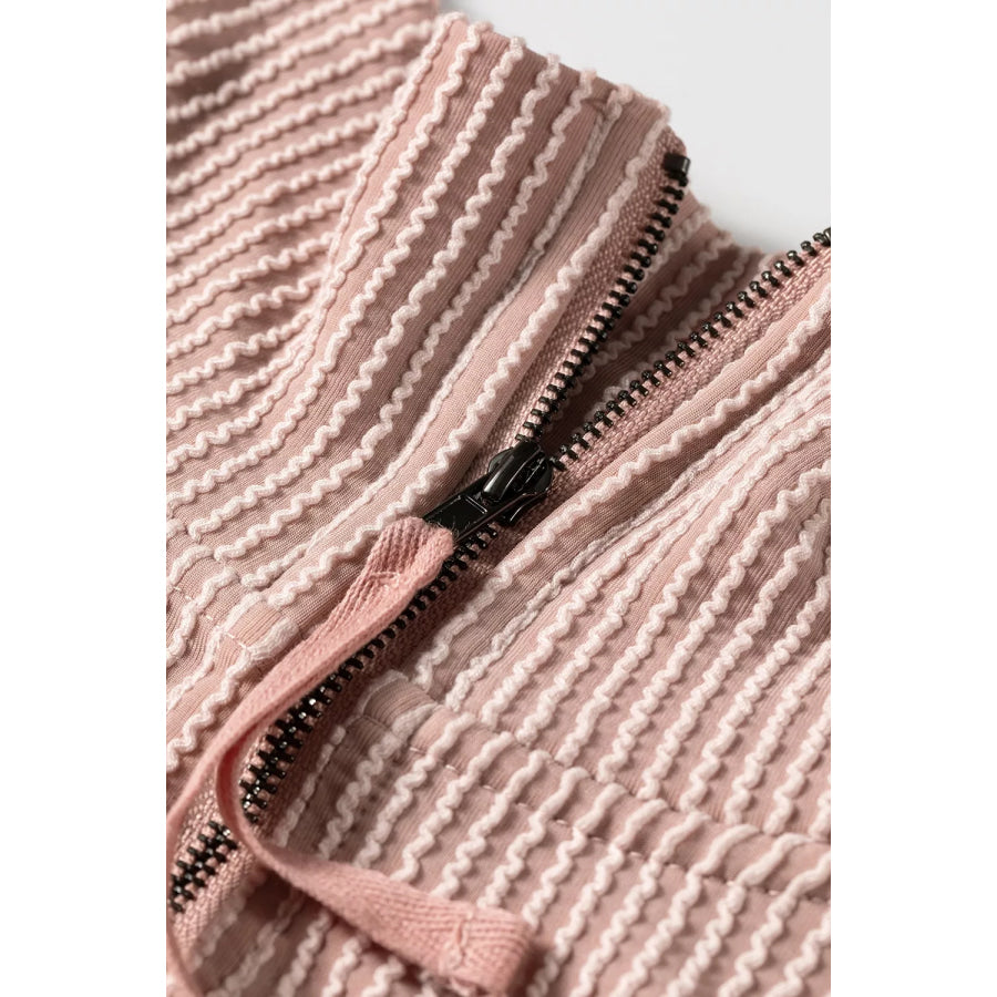 Twist Ribbed Zipper Collar Drop Shoulder Long Sleeve Top Apparel and Accessories