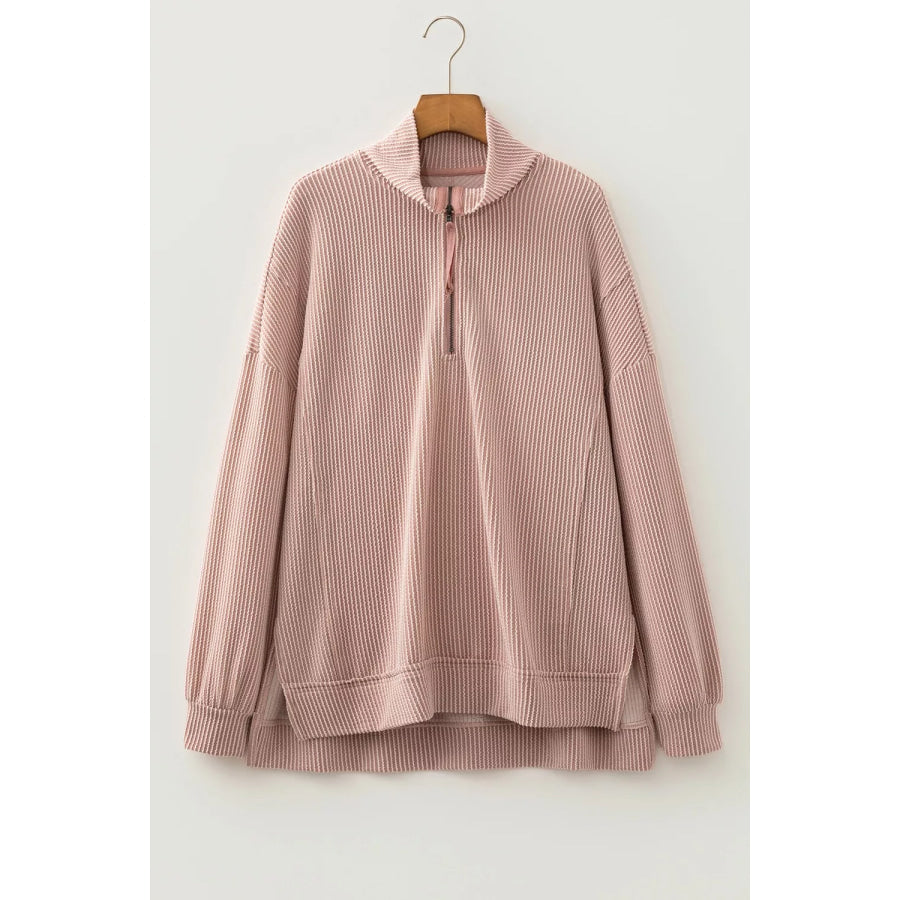 Twist Ribbed Zipper Collar Drop Shoulder Long Sleeve Top Apparel and Accessories