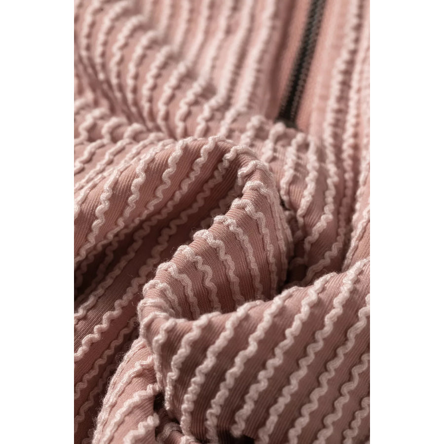Twist Ribbed Zipper Collar Drop Shoulder Long Sleeve Top Apparel and Accessories