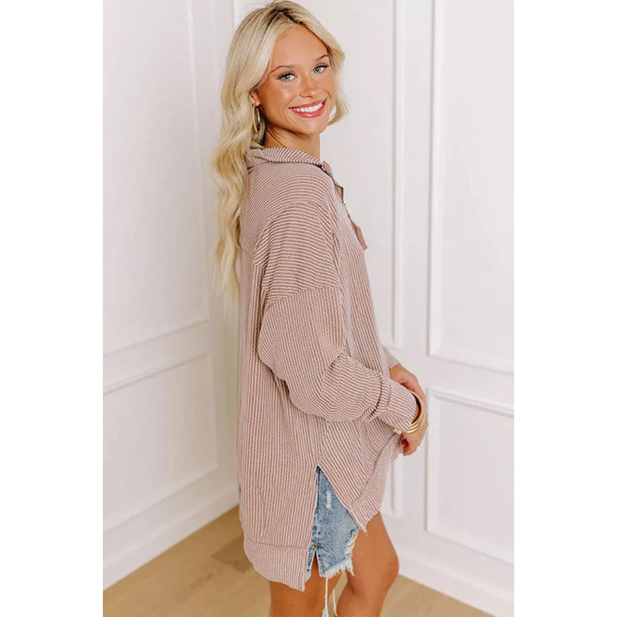 Twist Ribbed Zipper Collar Drop Shoulder Long Sleeve Top Apparel and Accessories