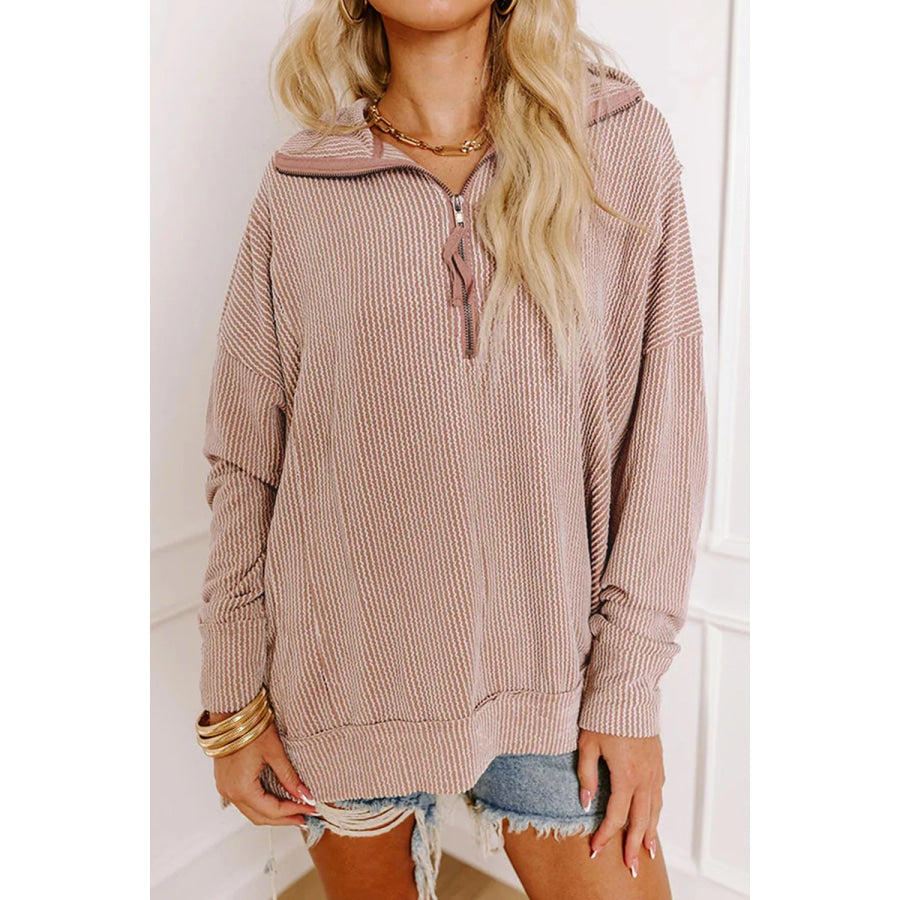 Twist Ribbed Zipper Collar Drop Shoulder Long Sleeve Top Apparel and Accessories
