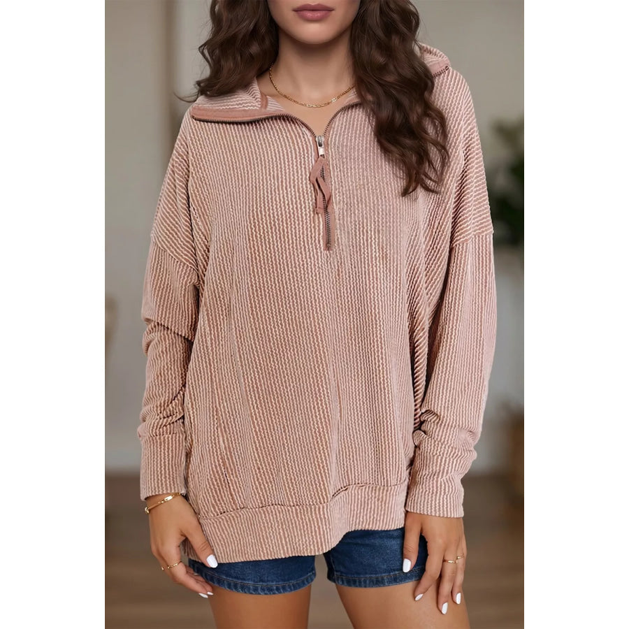Twist Ribbed Zipper Collar Drop Shoulder Long Sleeve Top Oatmeal / S Apparel and Accessories