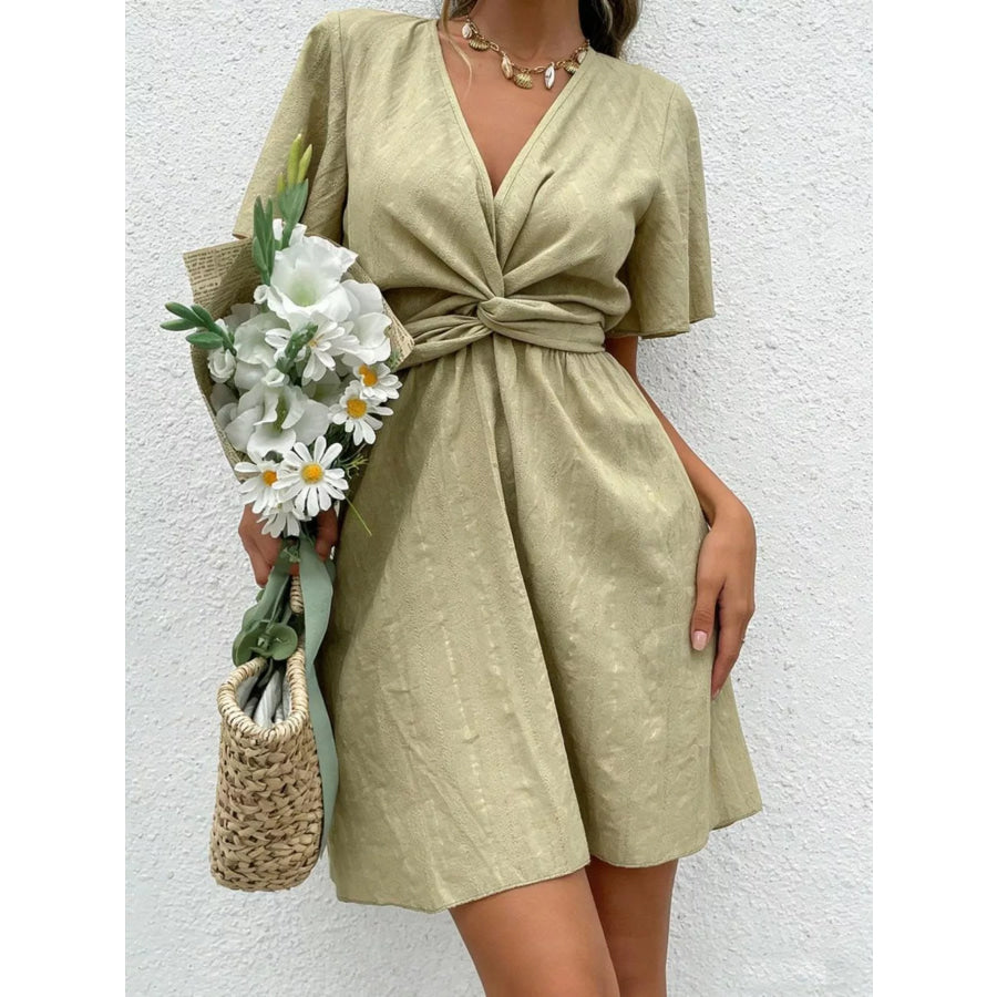 Twist Waist Flutter Sleeve Mini Dress Apparel and Accessories