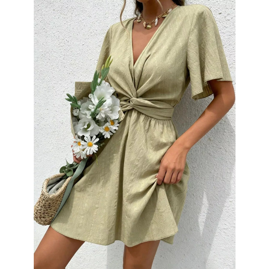 Twist Waist Flutter Sleeve Mini Dress Apparel and Accessories