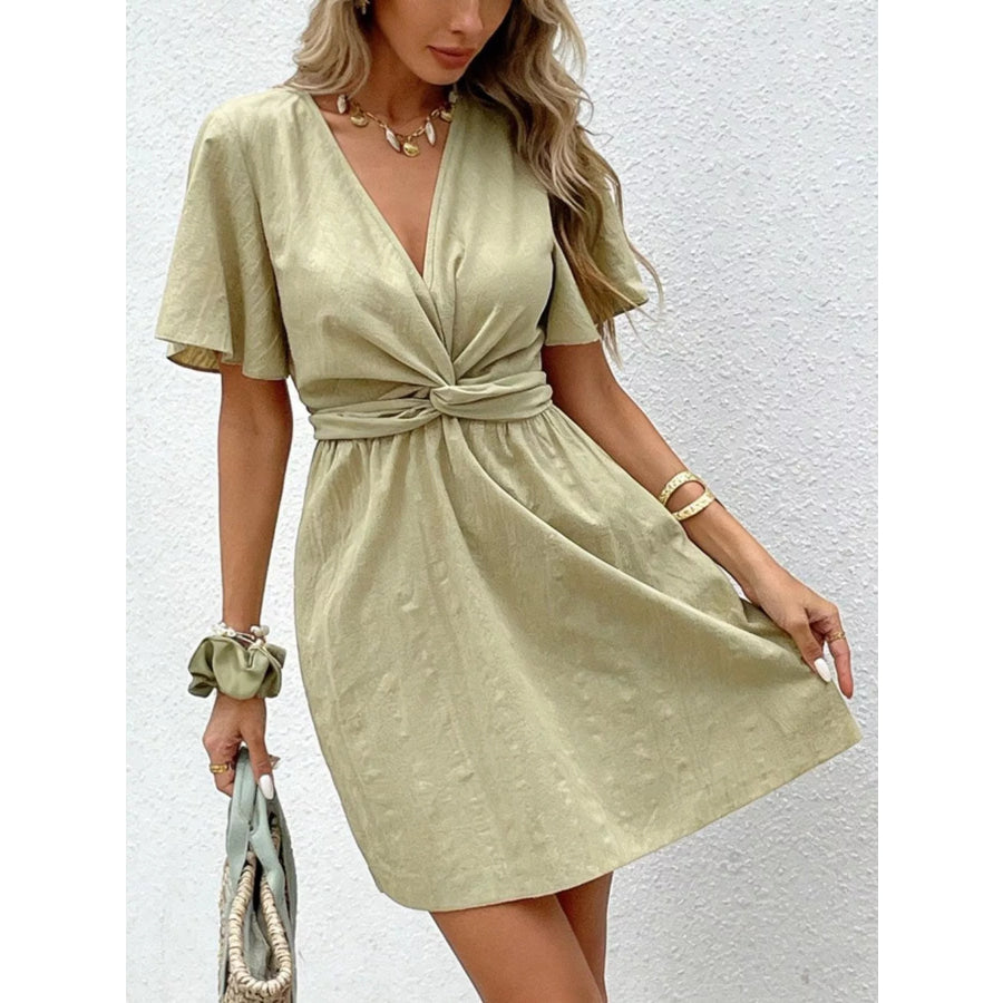 Twist Waist Flutter Sleeve Mini Dress Apparel and Accessories