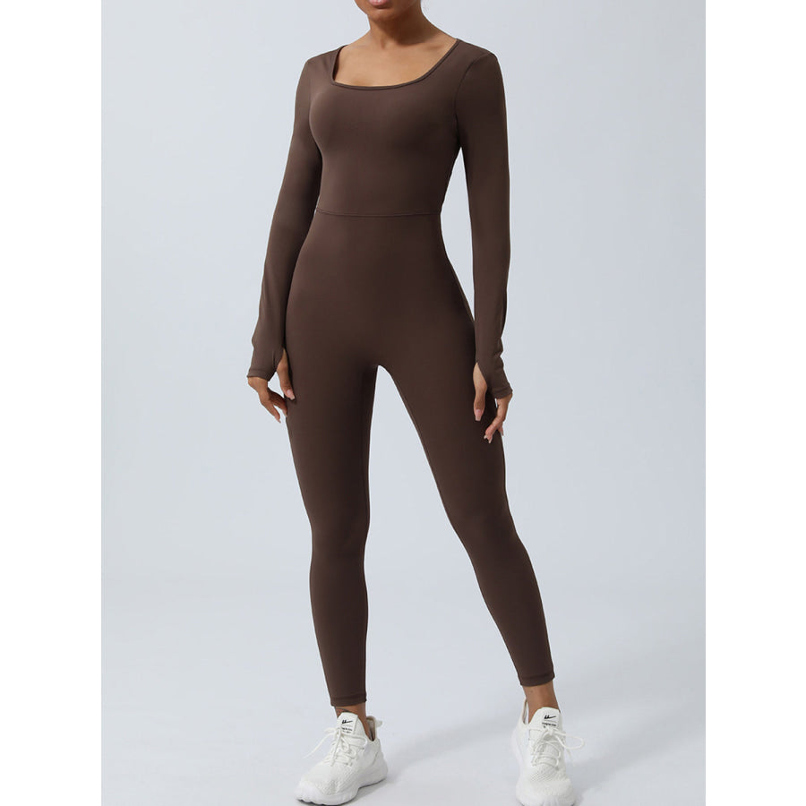 Twisted Backless Long Sleeve Jumpsuit Chocolate / S Apparel and Accessories