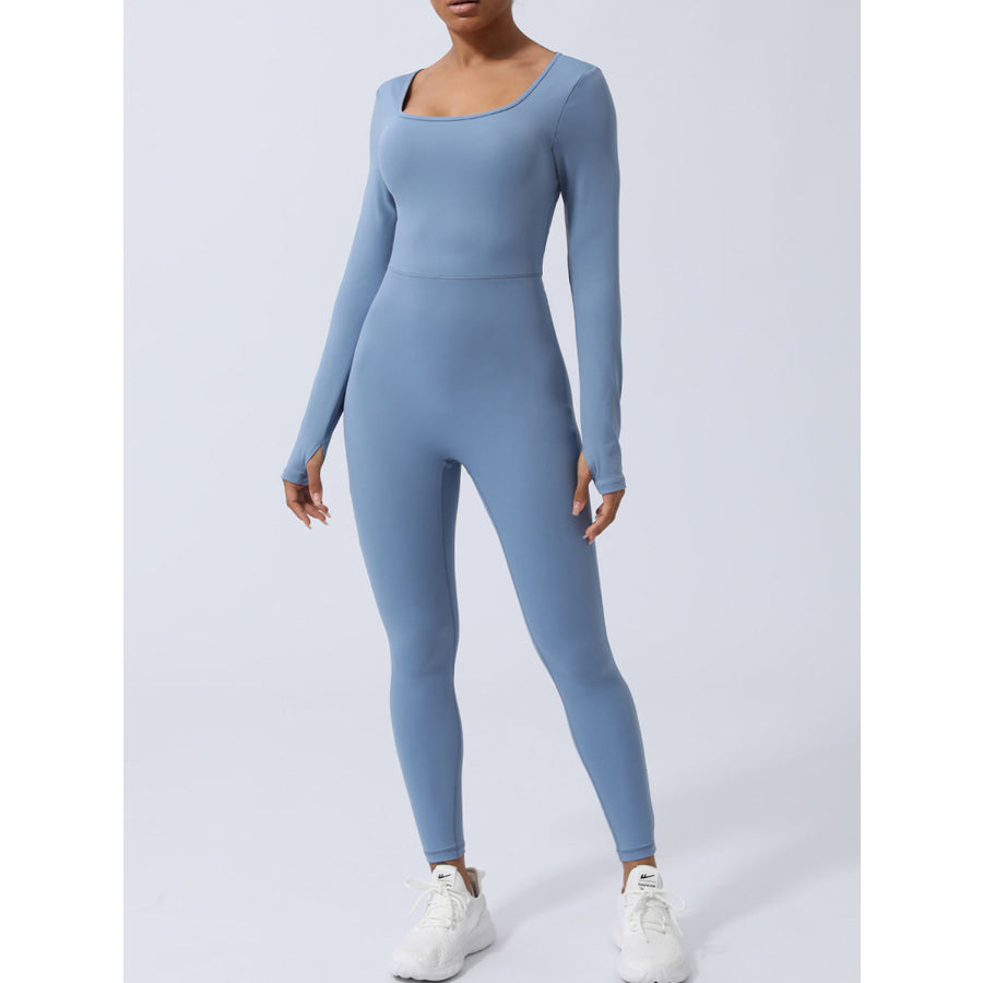 Twisted Backless Long Sleeve Jumpsuit Misty Blue / S Apparel and Accessories