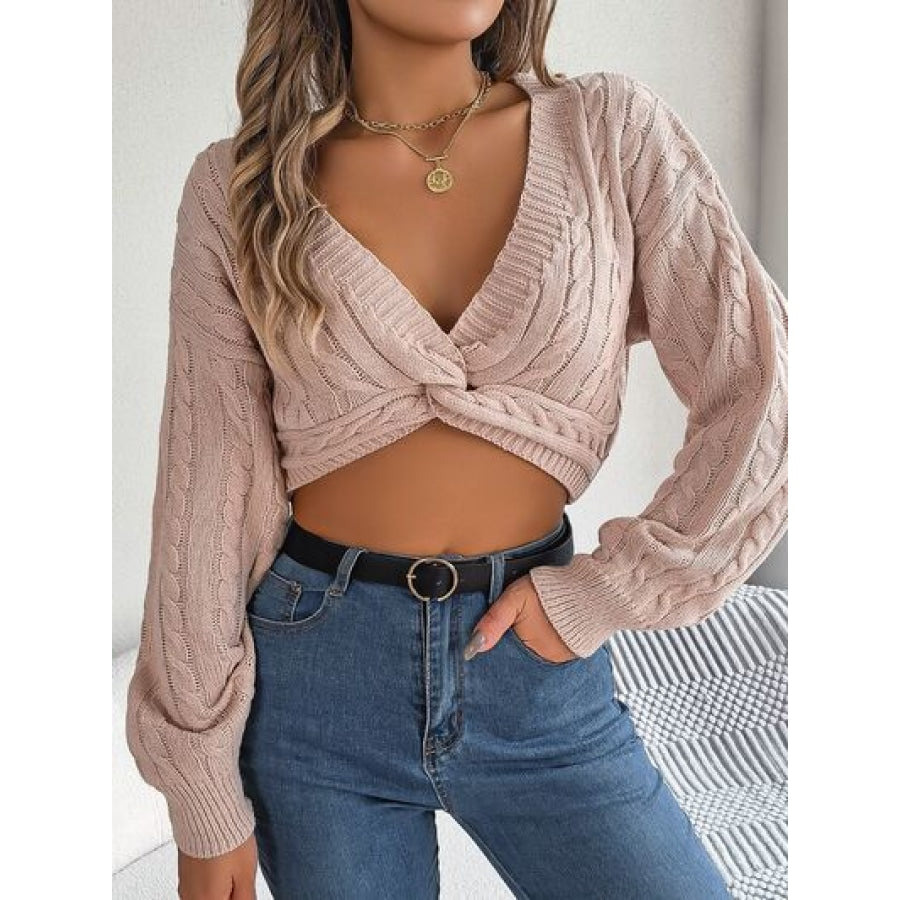 Twisted Cable-Knit V-Neck Sweater Blush Pink / S Clothing