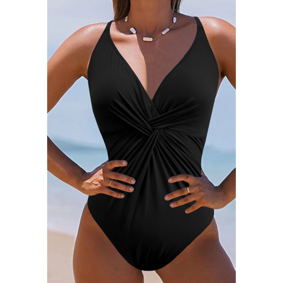 Twisted Crisscross V - Neck One - Piece Swimwear Black / S Apparel and Accessories