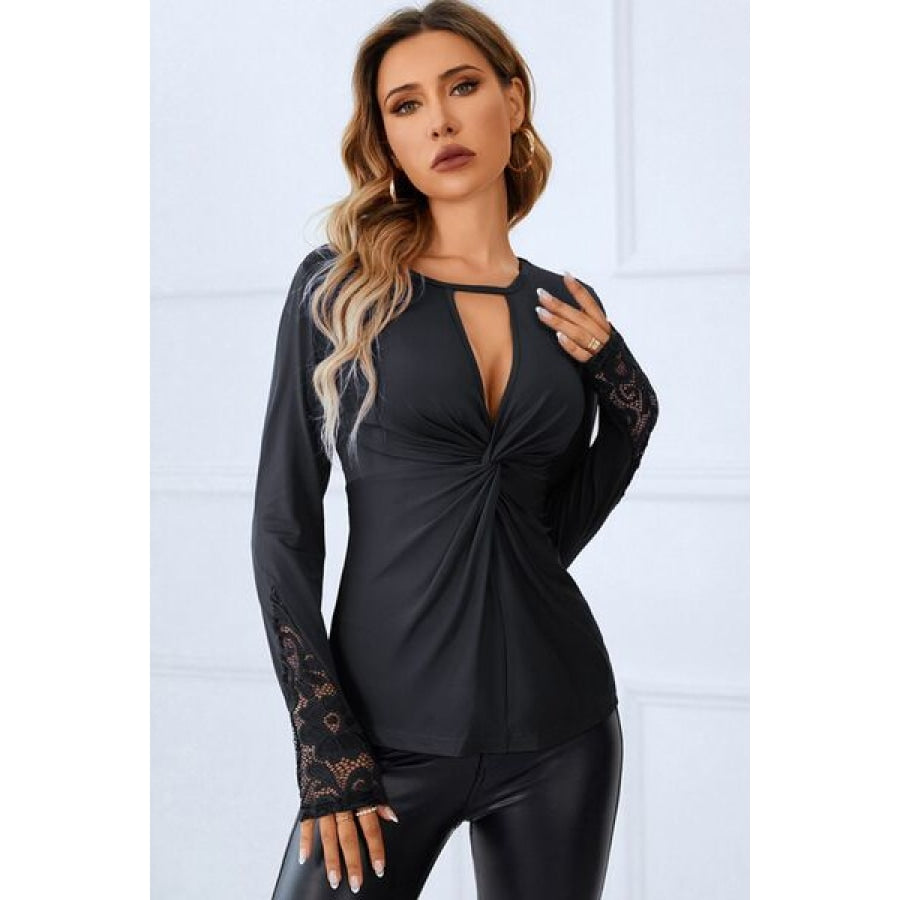 Twisted Cutout Lace Detail Long Sleeve Blouse Black / S Clothing