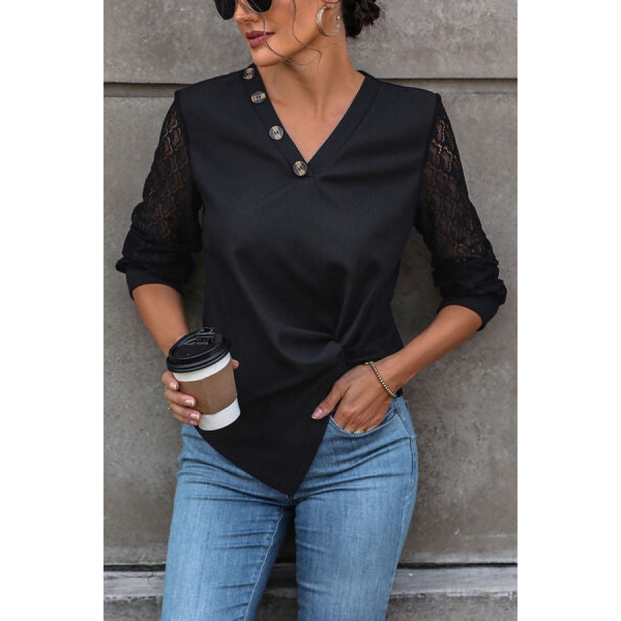 Twisted Decorative Button Long Sleeve T-Shirt Black / S Clothing