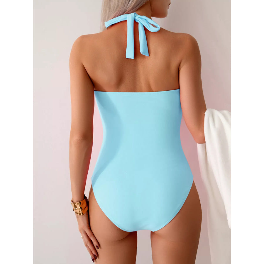 Twisted Front Halter Neck Ruched One-Piece Swimsuit Apparel and Accessories