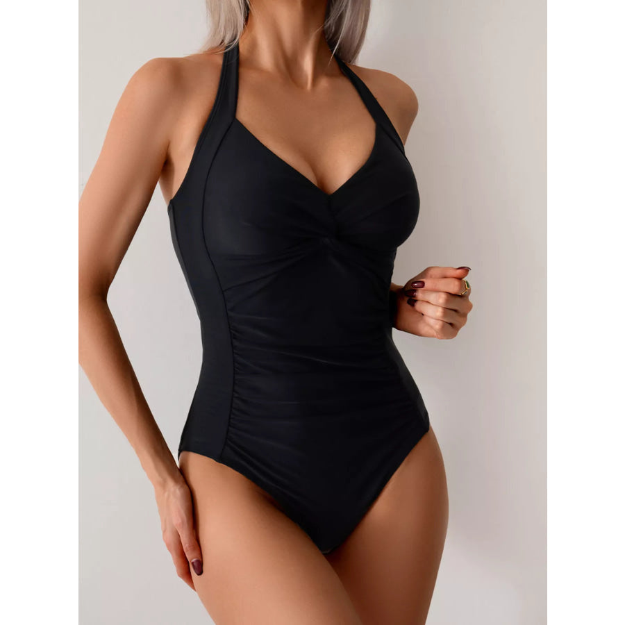 Twisted Front Halter Neck Ruched One-Piece Swimsuit Black / S Apparel and Accessories