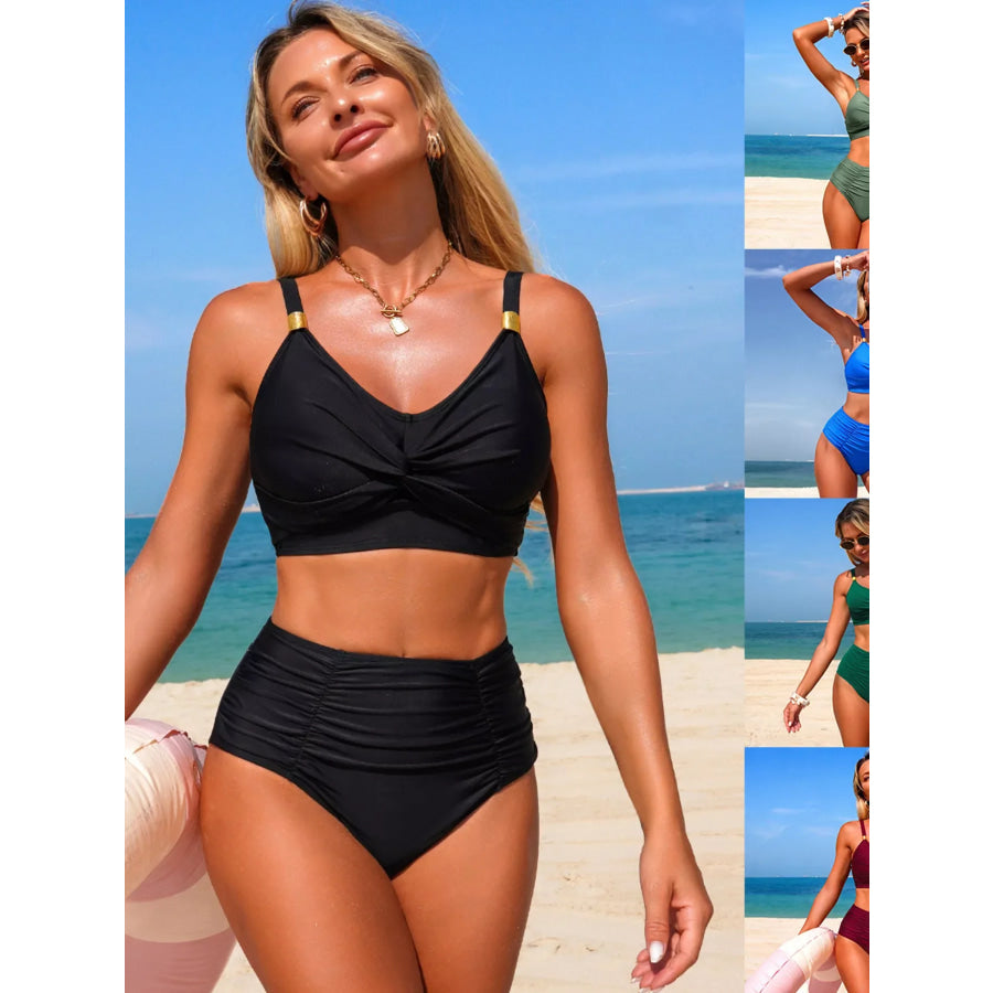 Twisted Front High-Waisted Bikini Set Dark Green / S Apparel and Accessories