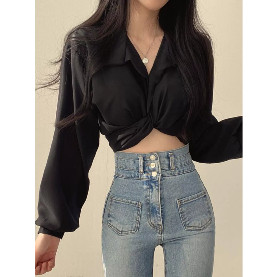 Twisted Front Long Sleeve Shirt Black / S Apparel and Accessories