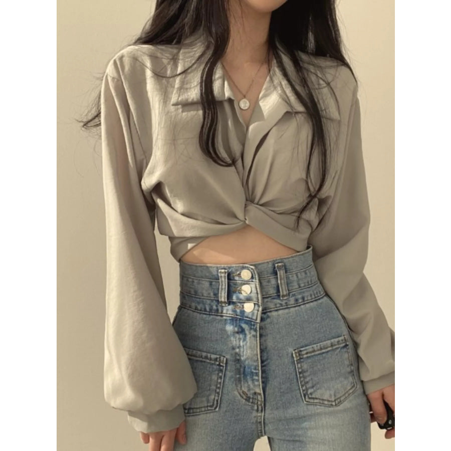 Twisted Front Long Sleeve Shirt Grey / S Apparel and Accessories