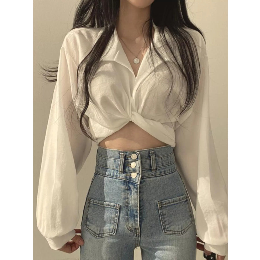 Twisted Front Long Sleeve Shirt White / S Apparel and Accessories