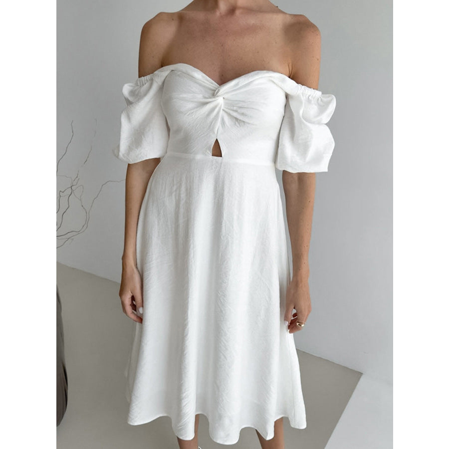 Twisted Front Puff Sleeve Midi Dress Apparel and Accessories