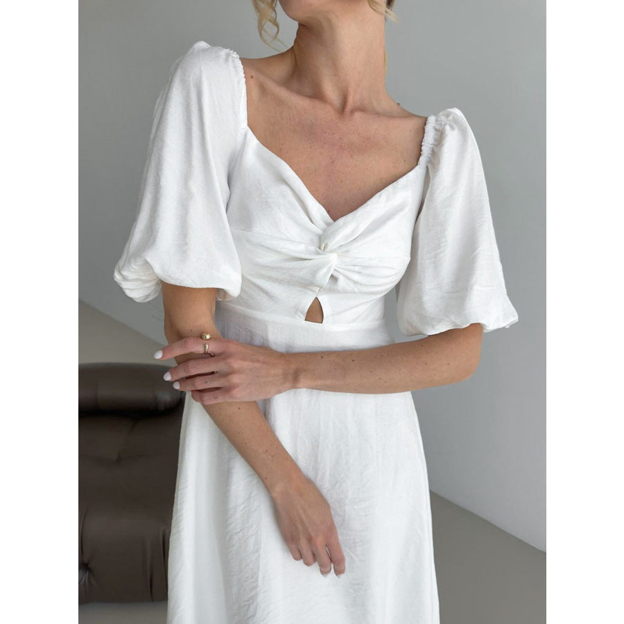 Twisted Front Puff Sleeve Midi Dress Apparel and Accessories