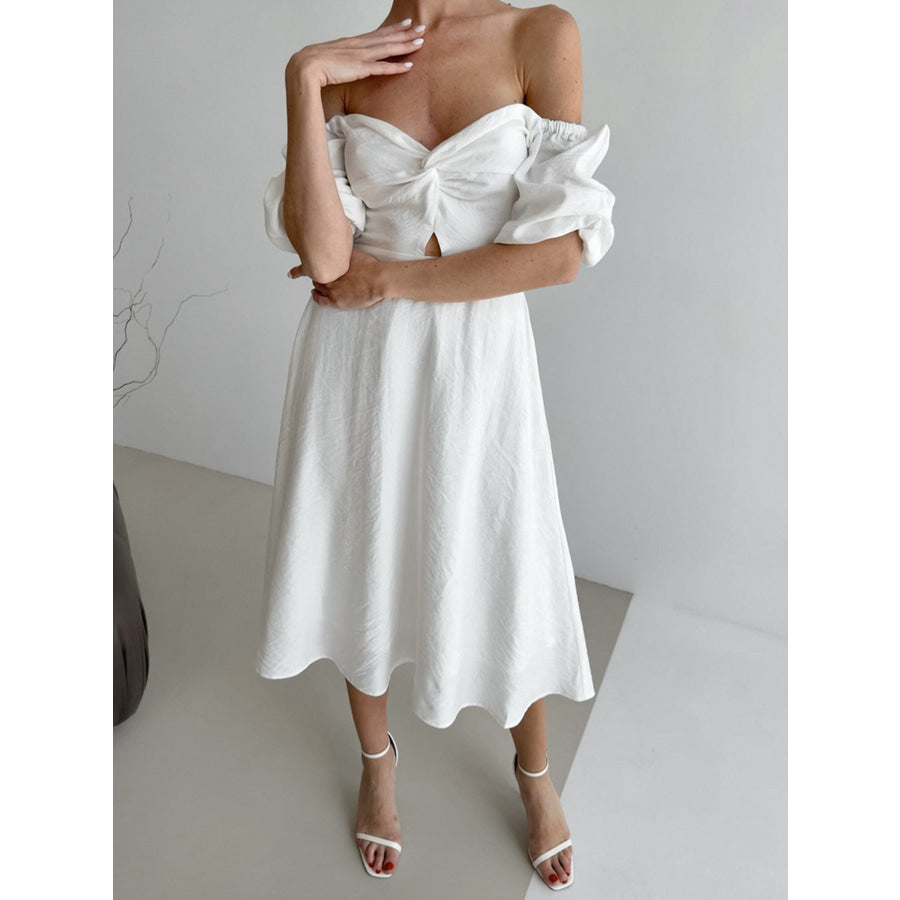 Twisted Front Puff Sleeve Midi Dress Apparel and Accessories