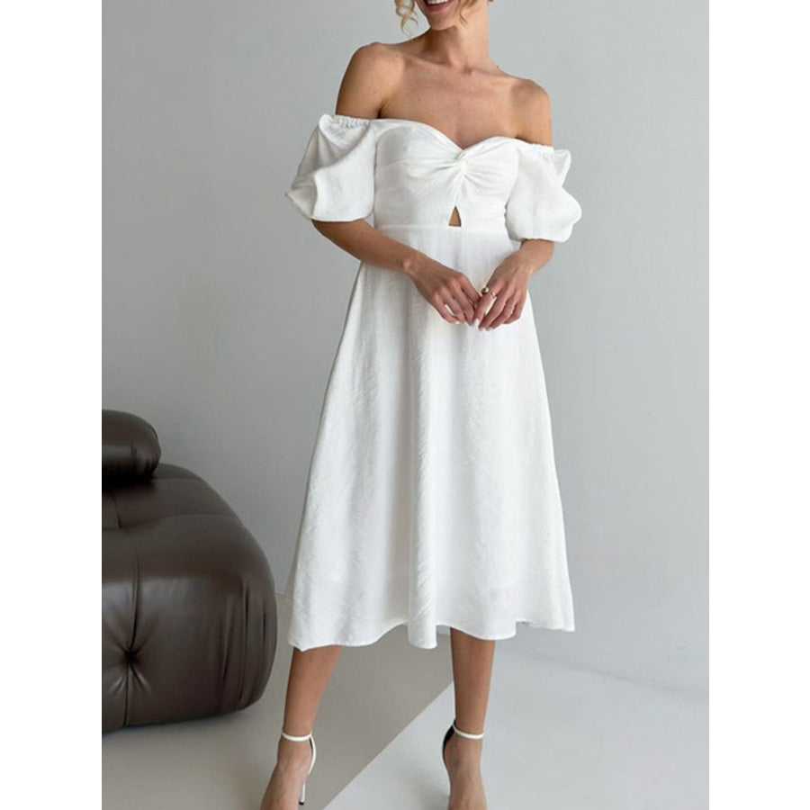 Twisted Front Puff Sleeve Midi Dress White / S Apparel and Accessories