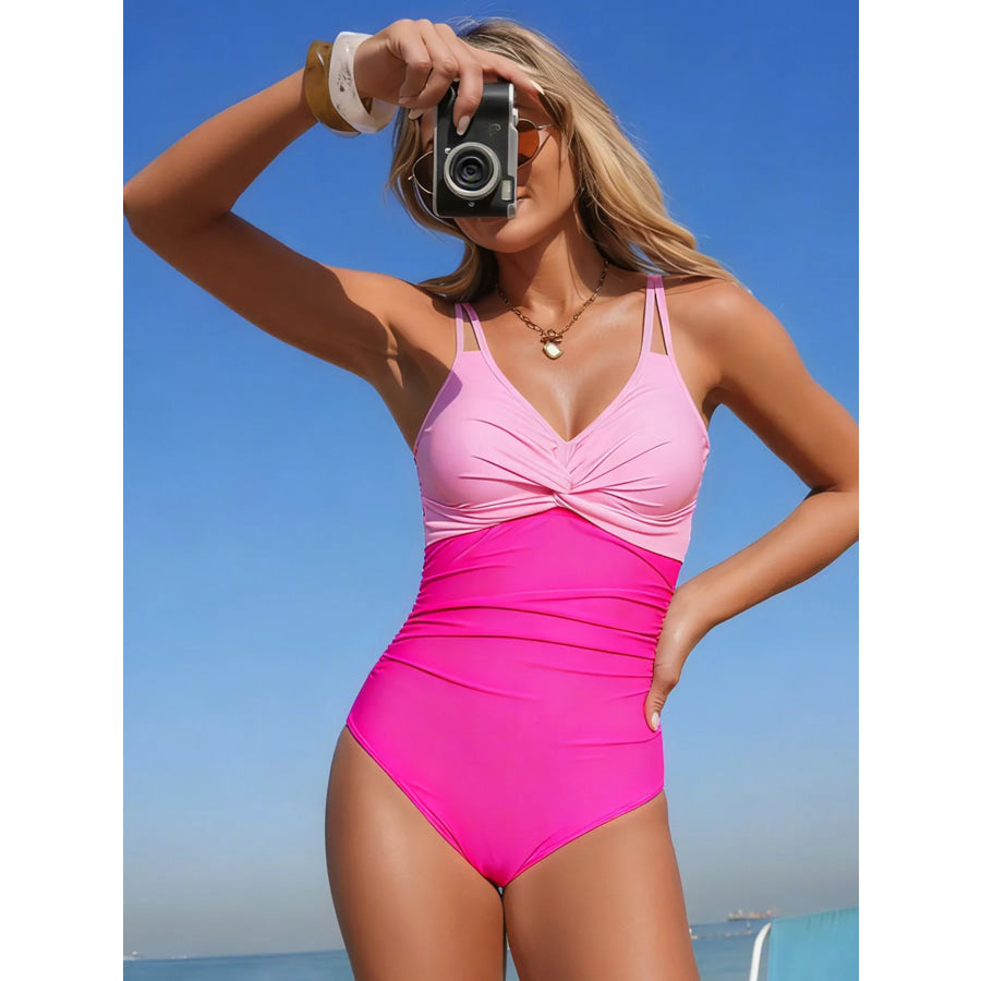 Twisted Front V-Neck One-Piece Swimsuit Apparel and Accessories