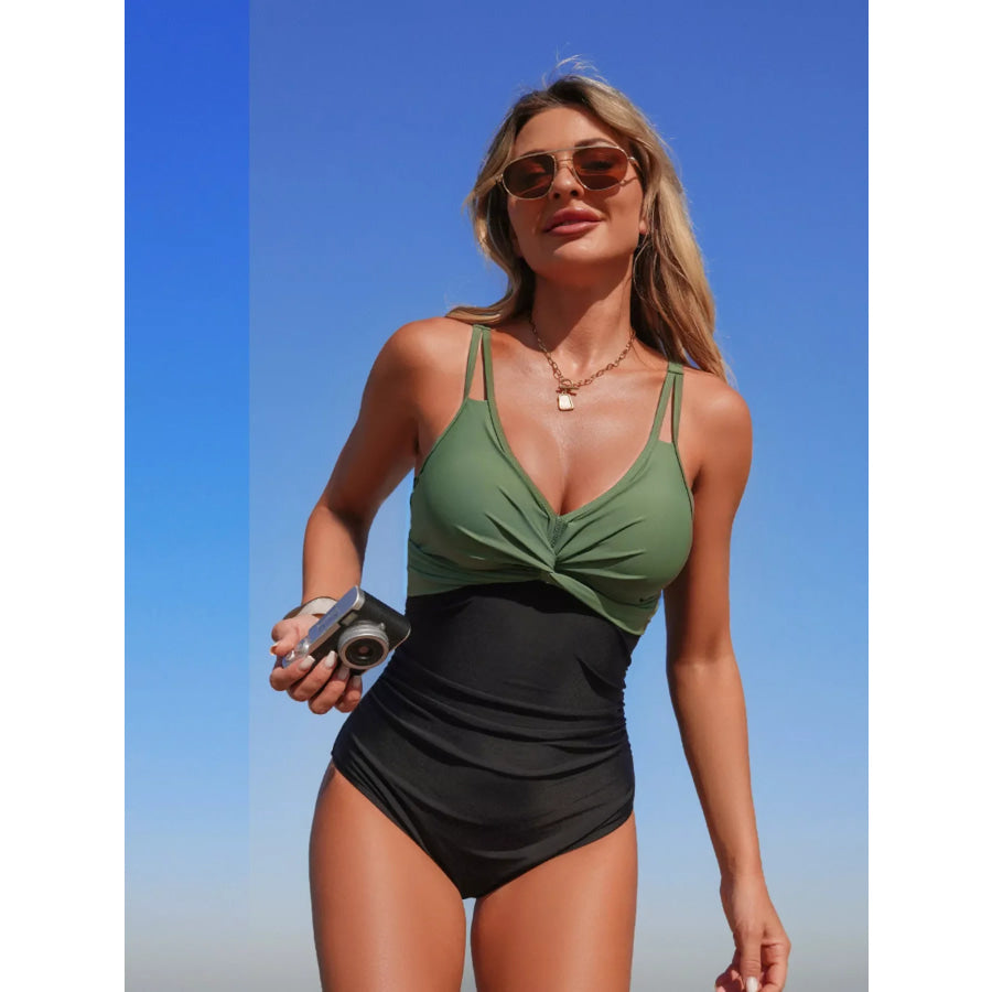 Twisted Front V-Neck One-Piece Swimsuit Black + Army Green / S Apparel and Accessories
