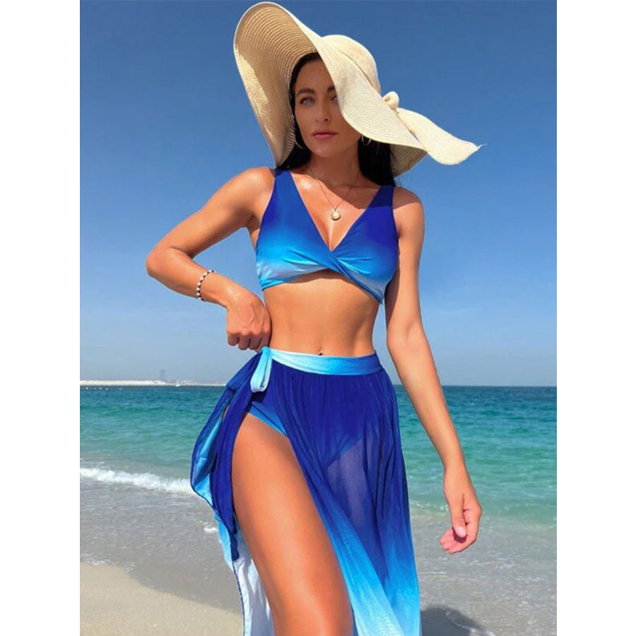 Twisted Gradient Wide Strap Three - Piece Swim Set Royal Blue / S Apparel and Accessories