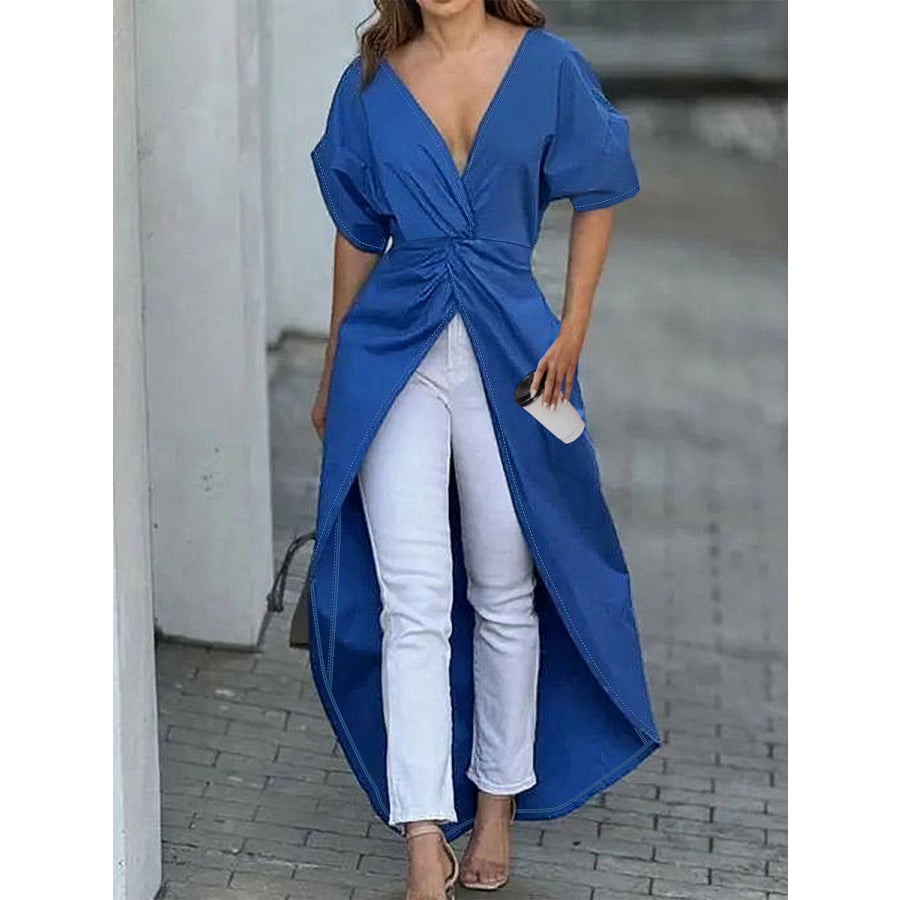 Twisted High - Low Short Sleeve Blouse Royal Blue / S Apparel and Accessories