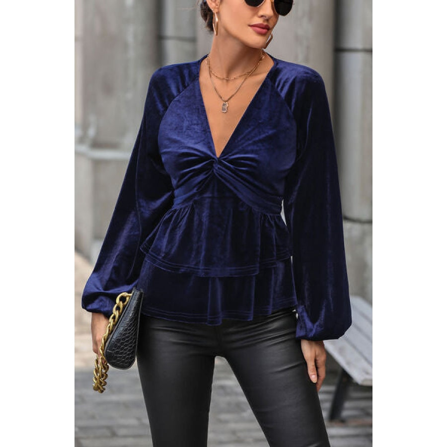 Twisted Layered Plunge Raglan Sleeve Blouse Clothing