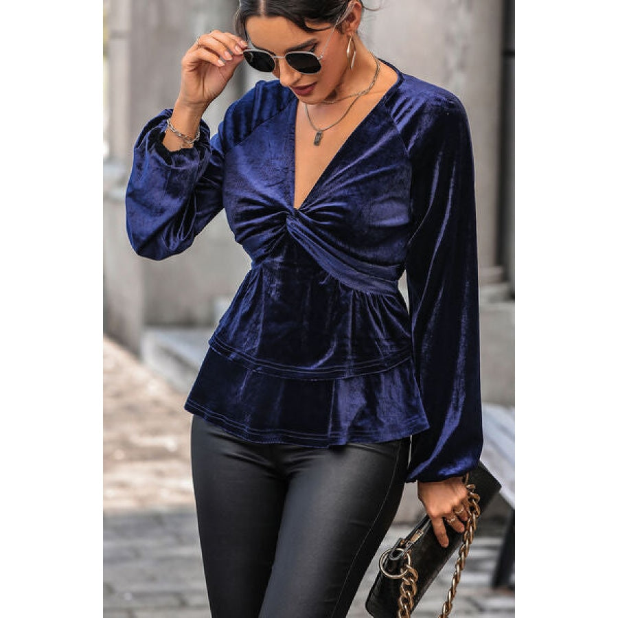 Twisted Layered Plunge Raglan Sleeve Blouse Clothing