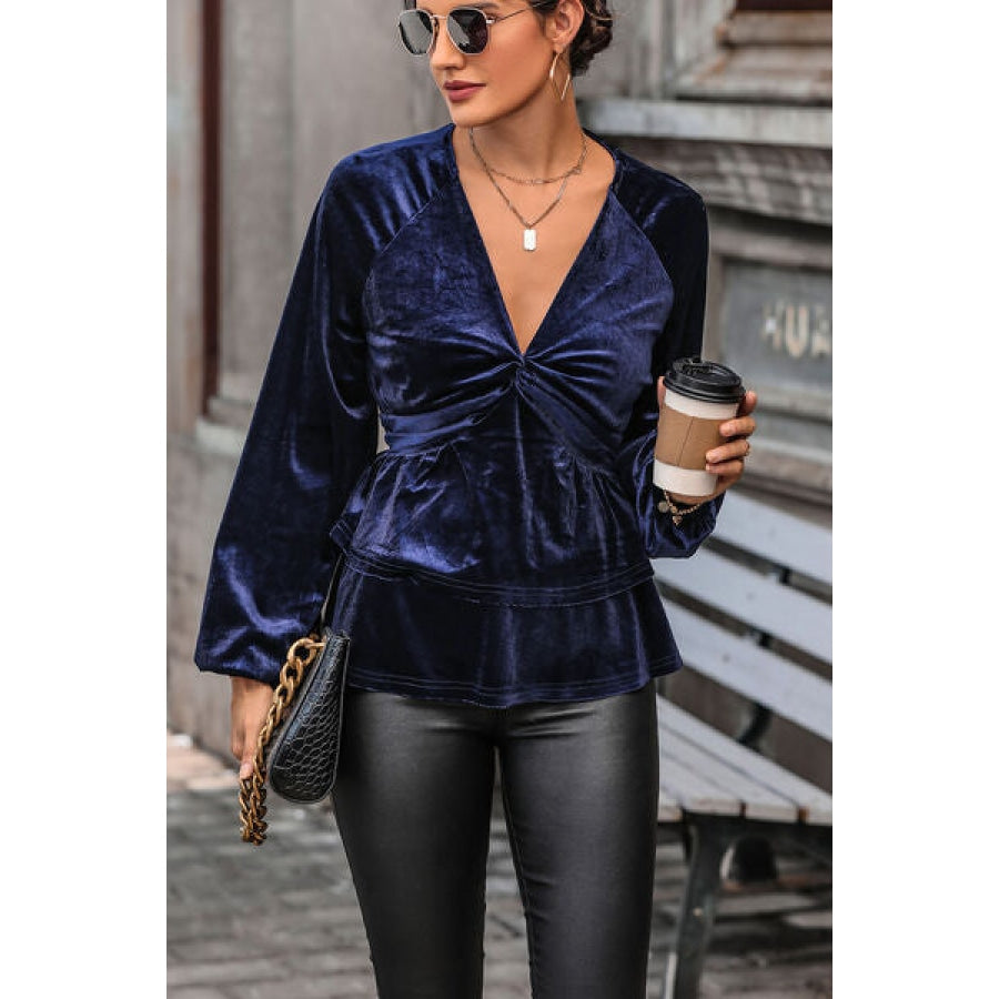 Twisted Layered Plunge Raglan Sleeve Blouse Light Indigo / S Clothing