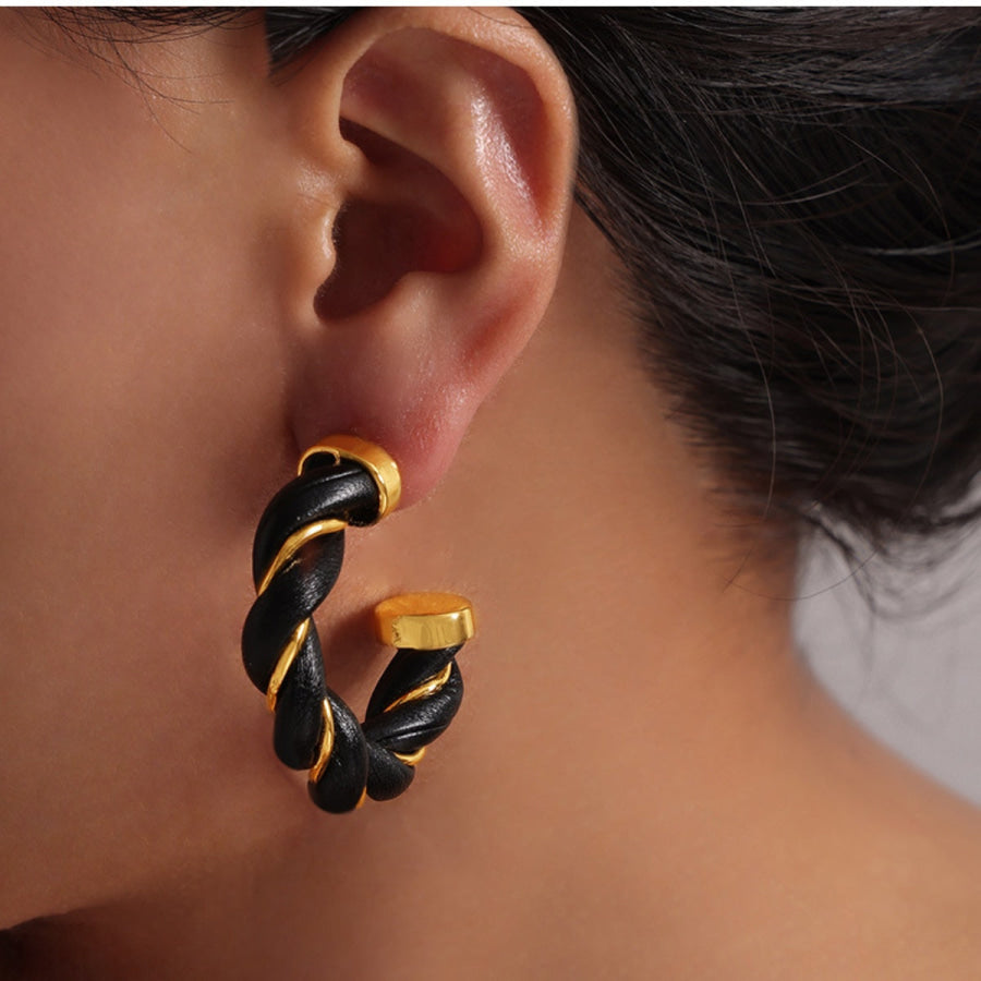 Twisted Leather Rope C-Hoop Earrings Black / One Size Apparel and Accessories