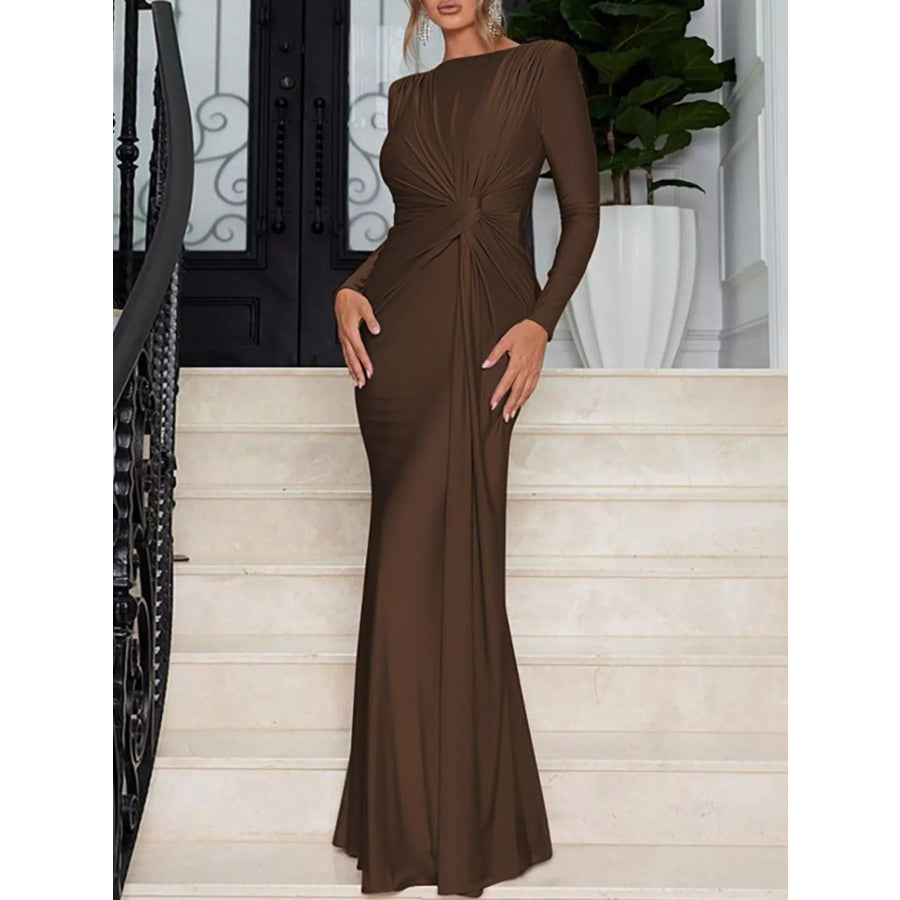 Twisted Long Sleeve Maxi Dress Brown / S Apparel and Accessories