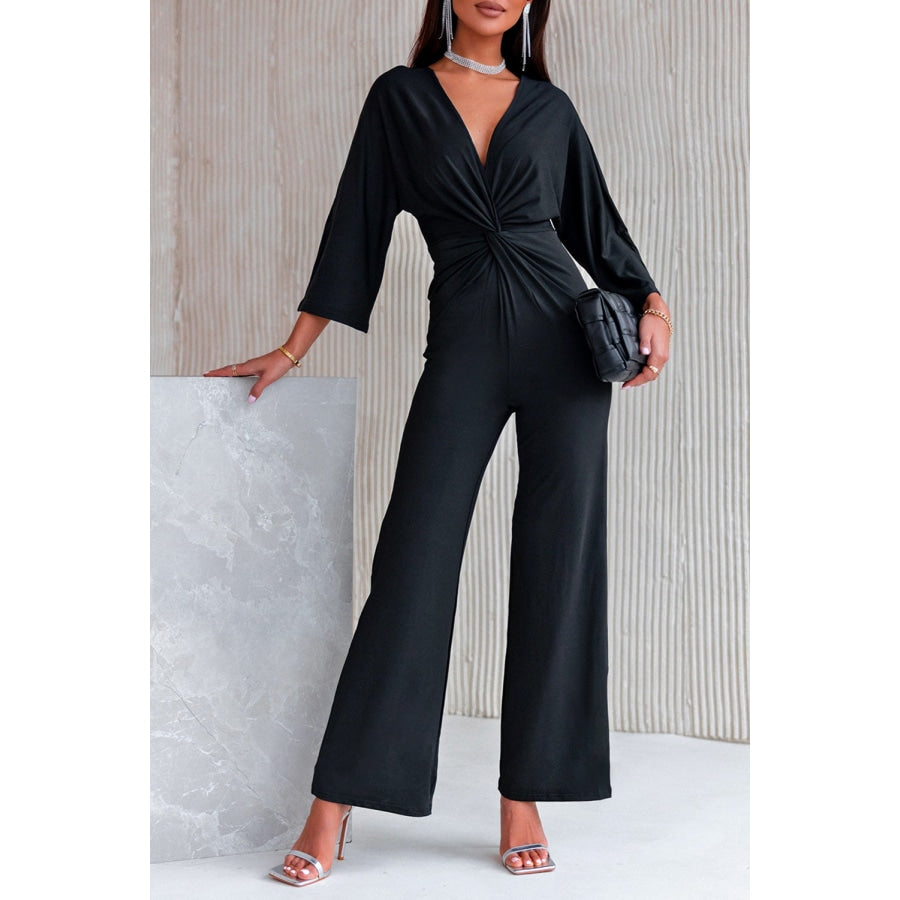 Twisted Plunge Three-Quarter Sleeve Jumpsuit Black / M