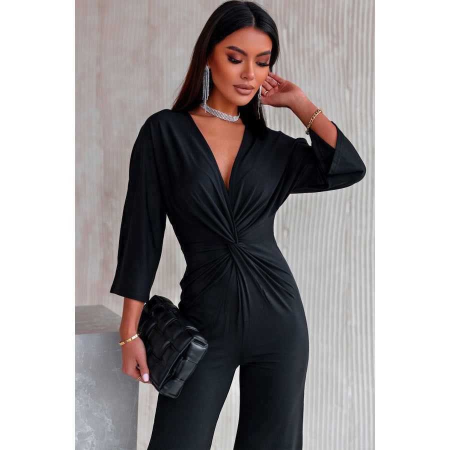 Twisted Plunge Three-Quarter Sleeve Jumpsuit