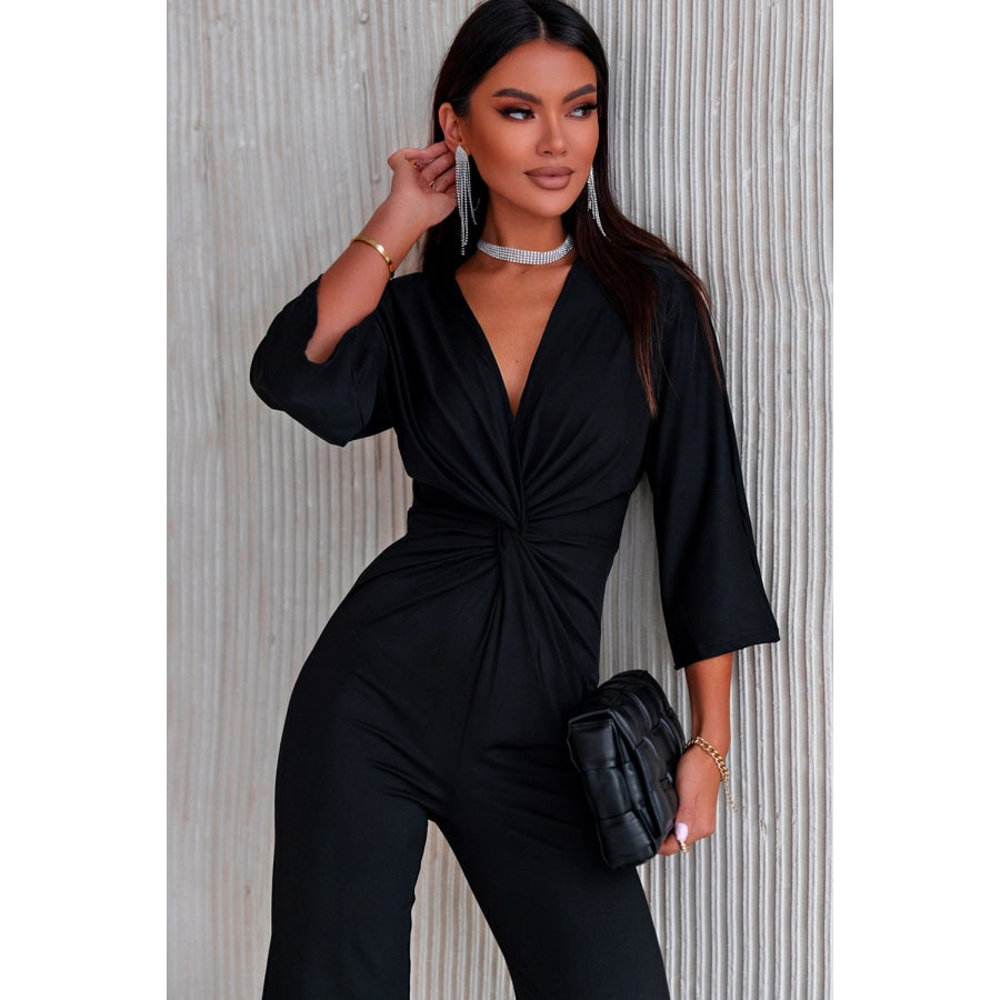 Twisted Plunge Three-Quarter Sleeve Jumpsuit